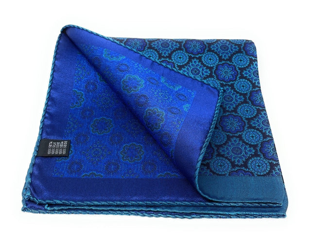 Acqua Sea Blue Medallion Silk Pocket Square - Wilmok