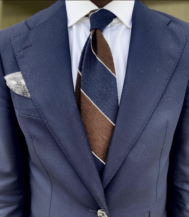 Block Striped Shantung Tie - Navy & Brown - Wilmok