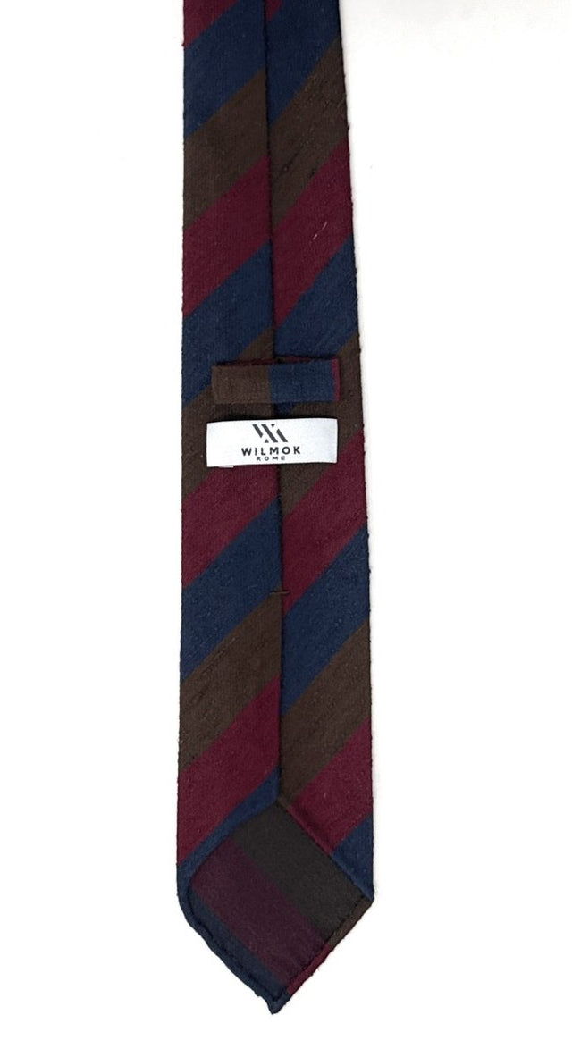 Brown Regimental Shantung Tie with Navy & Burgundy Stripes - Wilmok