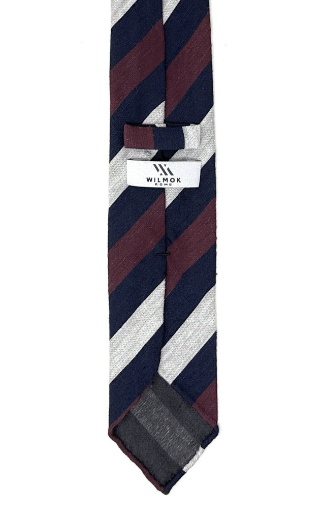 Regimental Shantung Tie with Navy, Burgundy & White Stripes - Wilmok