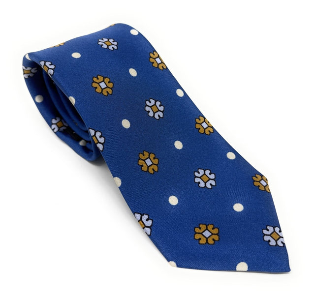 Vintage Blue 7 Fold Tie with Floral Pattern - Wilmok