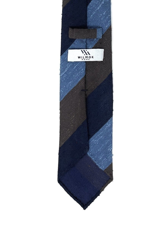 Block Striped Shantung Tie - Navy, Light Blue & Brown - Wilmok