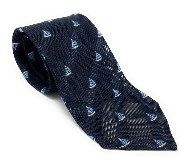 Grenadine Garza Unlined Hand-Rolled Navy Blue Sail Boat Tie - Wilmok