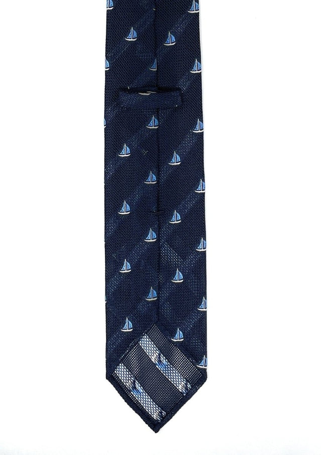 Grenadine Garza Unlined Hand-Rolled Navy Blue Sail Boat Tie - Wilmok
