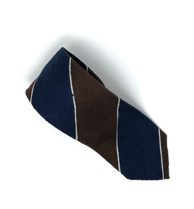 Shantung Untipped Block Striped Navy Brown Tie - Wilmok