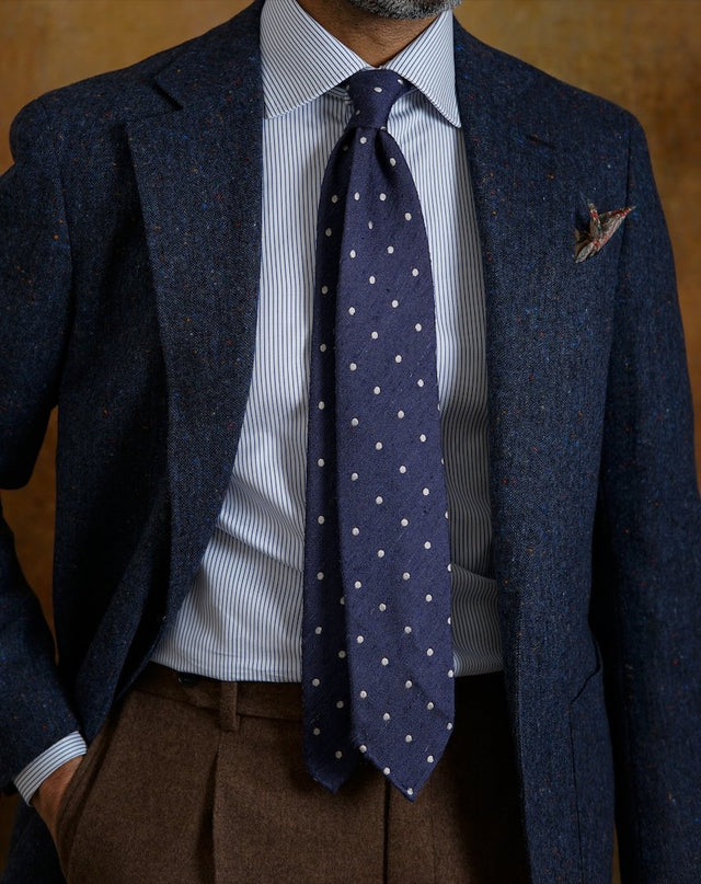 Shantung Untipped Polka Dot Navy White Tie - Wilmok