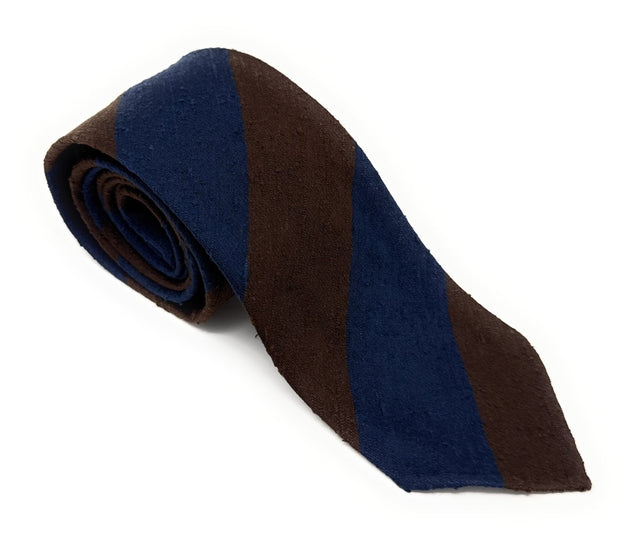 Block Striped Shantung Tie - Navy Blue and Brown - Wilmok