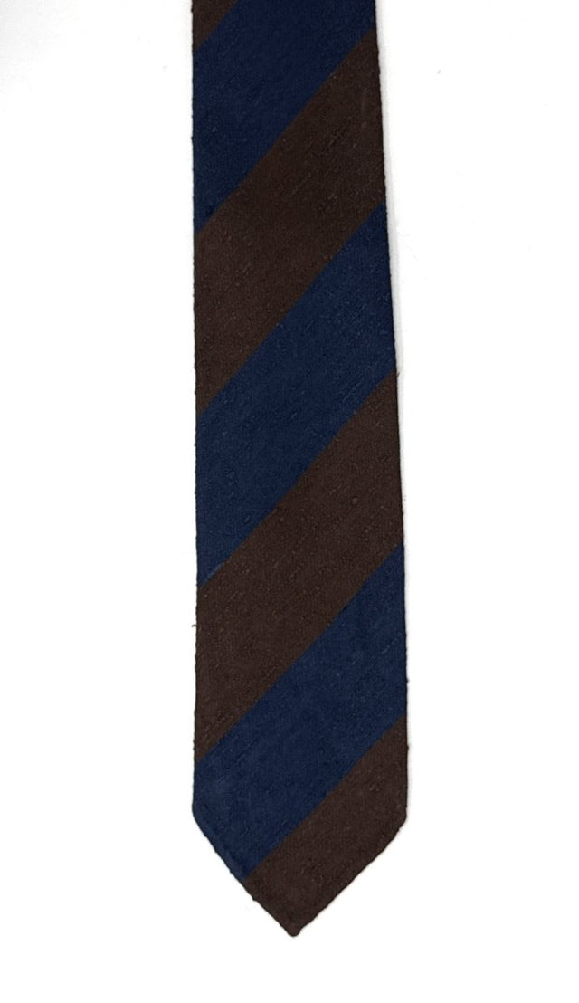 Block Striped Shantung Tie - Navy Blue and Brown - Wilmok