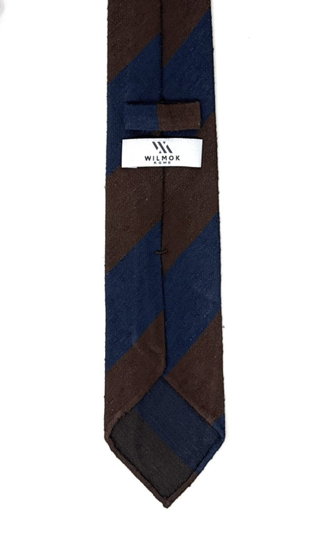 Block Striped Shantung Tie - Navy Blue and Brown - Wilmok