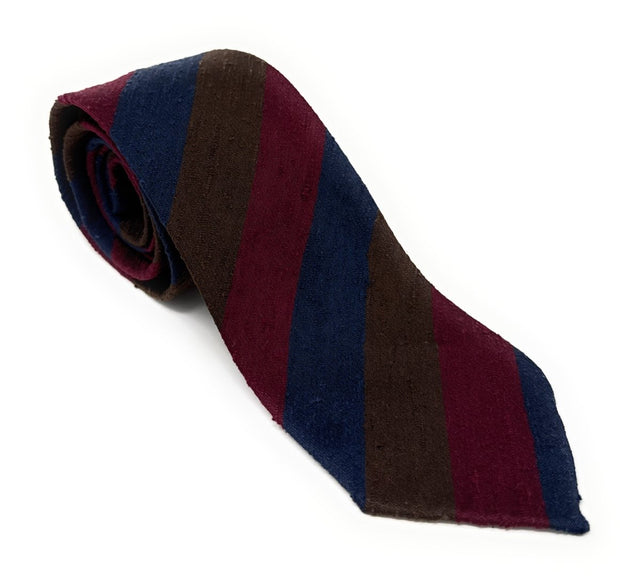 Brown Regimental Shantung Tie with Navy & Burgundy Stripes - Wilmok