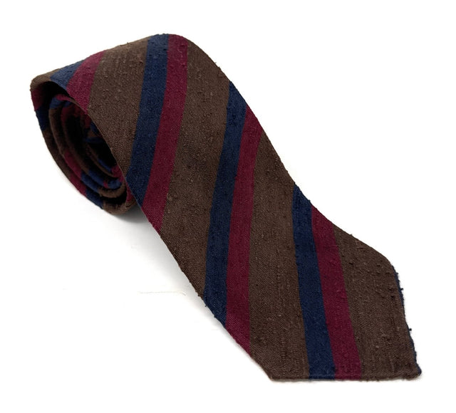 Brown Regimental Shantung Tie with Navy & Burgundy Stripes - Wilmok