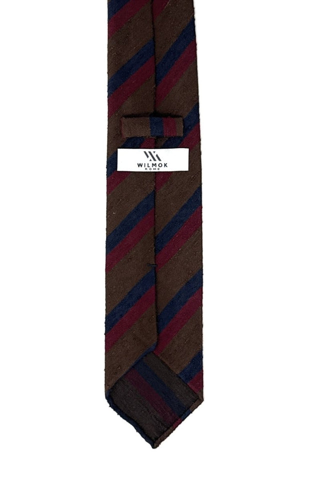 Brown Regimental Shantung Tie with Navy & Burgundy Stripes - Wilmok