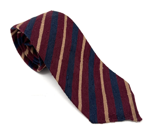 Burgundy Shantung Tie with Blue & Yellow Stripes - Wilmok