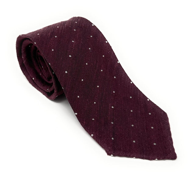 Burgundy Shantung Tie with Small White Polka Dots - Wilmok