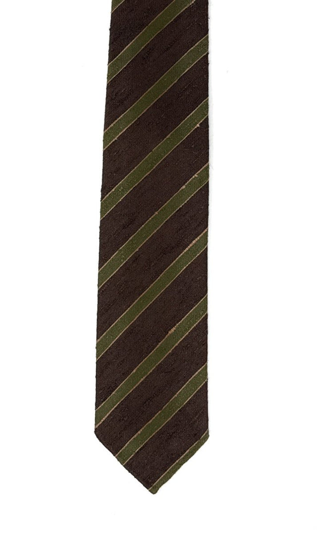 Green & Brown Striped Shantung Tie - Wilmok