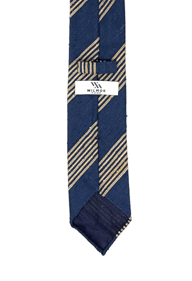 Navy Blue Shantung Tie with Gold Stripes - Wilmok