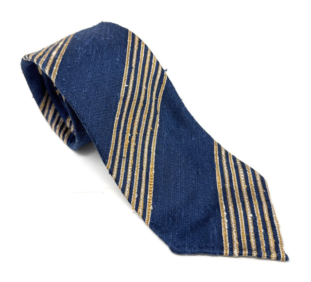 Navy Blue Shantung Tie with Gold Stripes - Wilmok