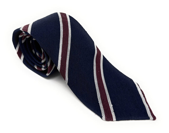 Navy Shantung Tie with Burgundy and White Stripes - Wilmok