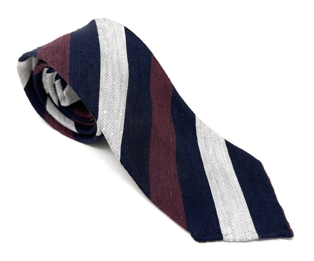 Regimental Shantung Tie with Navy, Burgundy & White Stripes - Wilmok