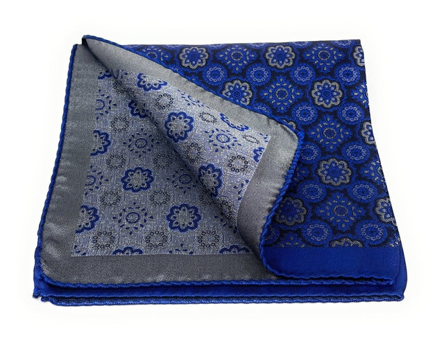 Silk Pocket Square Blue and Silver Medallion - Wilmok