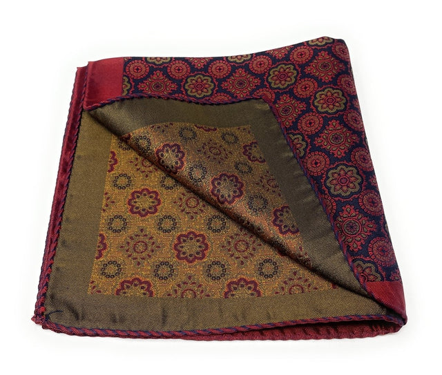 Silk Pocket Square Red and Gold Floral Medallion - Wilmok