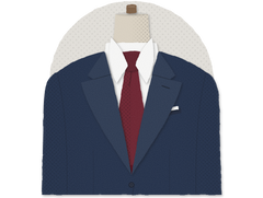 Illustration of a navy suit, white shirt and burgundy tie on a tailor's dress form