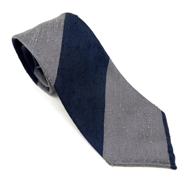 Unlined Silver and Navy Blue Regimental Shantung Tie - Wilmok
