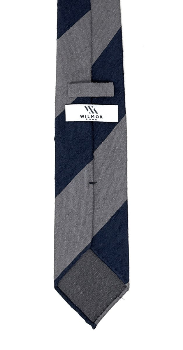 Unlined Silver and Navy Blue Regimental Shantung Tie - Wilmok