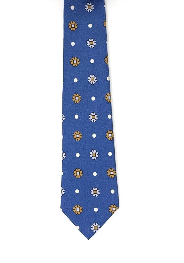 Vintage Blue 7 Fold Tie with Floral Pattern - Wilmok