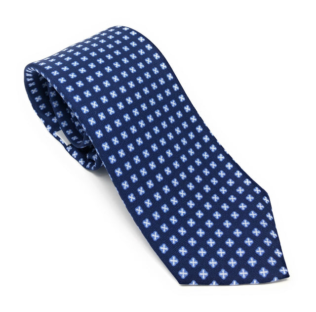 7 Fold Handmade Italian Blue Cross Pattern Silk Tie - Wilmok