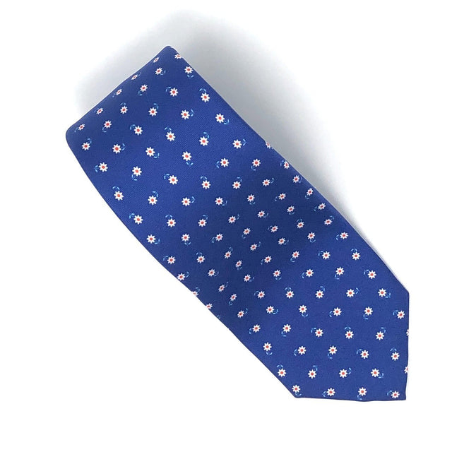 7 Fold Handmade Italian Blue White Flower Silk Tie - Wilmok