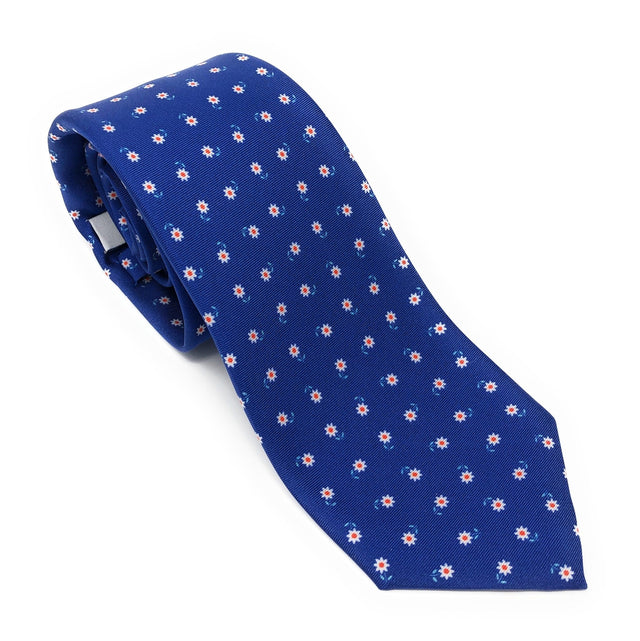 7 Fold Handmade Italian Blue White Flower Silk Tie - Wilmok