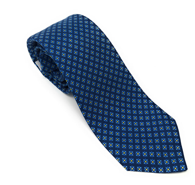 7 Fold Handmade Italian Navy Blue Floral Silk Tie - Wilmok