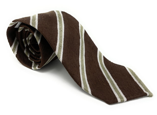 Regimental Shantung Tie - Brown with Gold Stripes