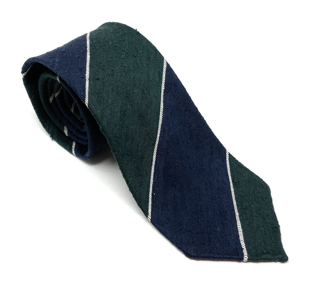 Block Striped Shantung Tie - Navy & Green - Wilmok