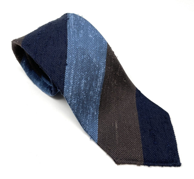 Block Striped Shantung Tie - Navy, Light Blue & Brown - Wilmok
