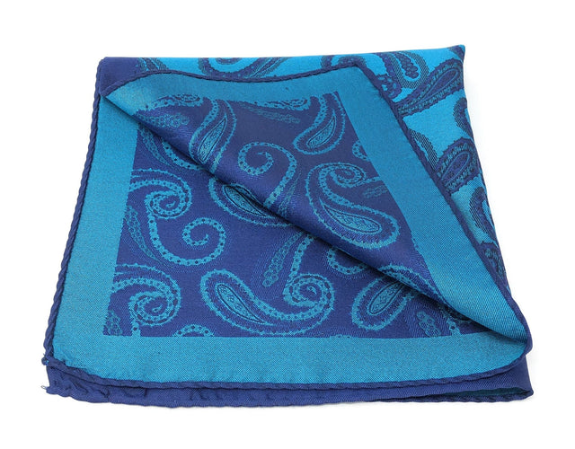Double Sided Jacquard Navy Blue Paisley Pocket Square - Wilmok