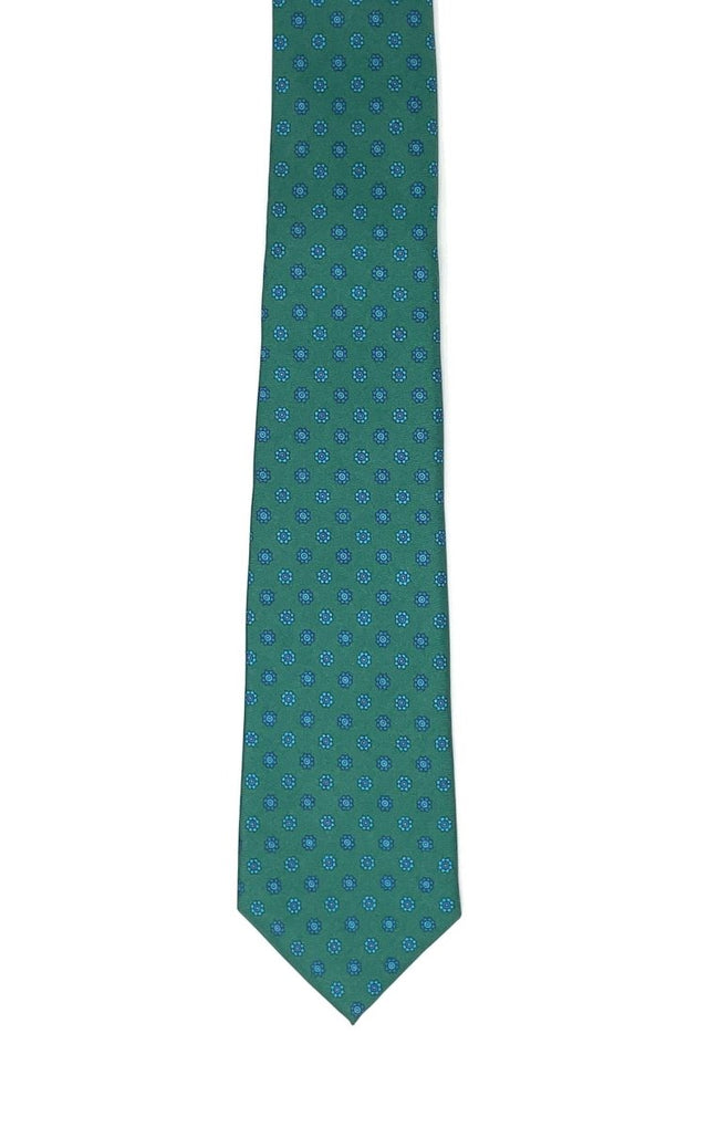 Green Seven Fold Tie - Blue Floral Pattern - Wilmok