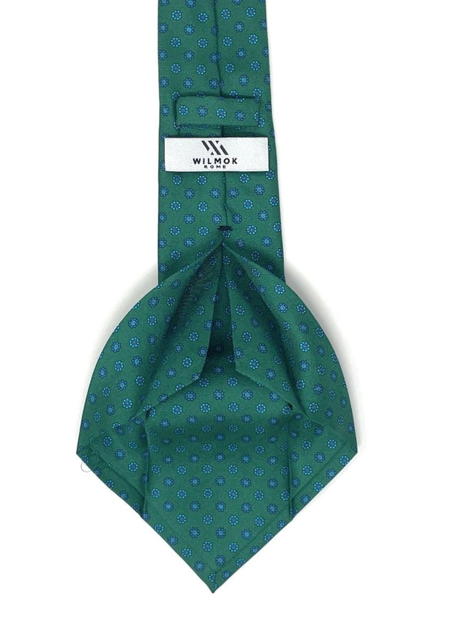 Green Seven Fold Tie - Blue Floral Pattern - Wilmok
