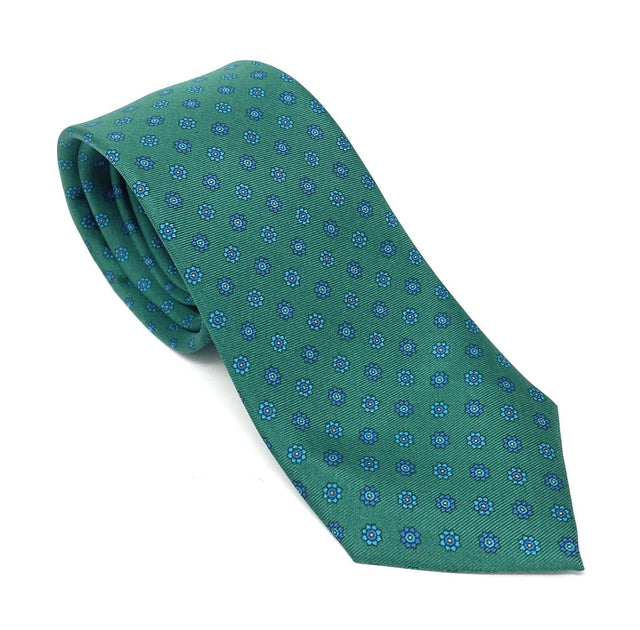 Green Seven Fold Tie - Blue Floral Pattern - Wilmok