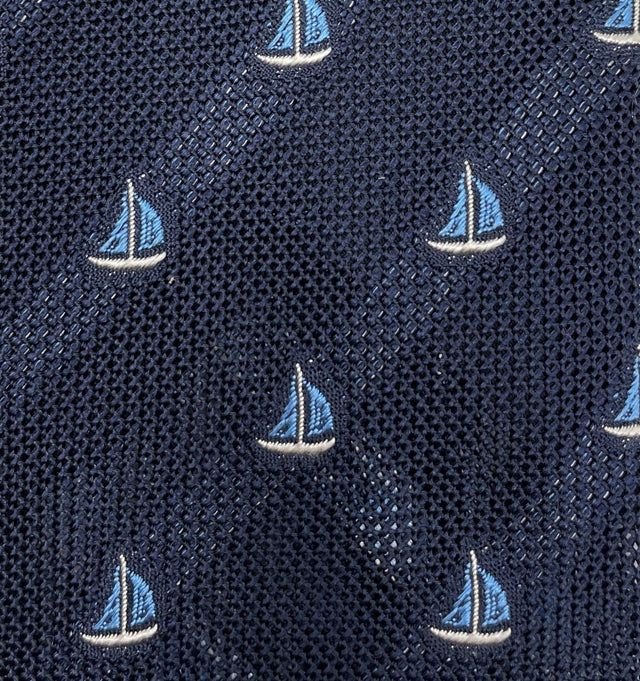 Grenadine Garza Unlined Hand-Rolled Navy Blue Sail Boat Tie - Wilmok