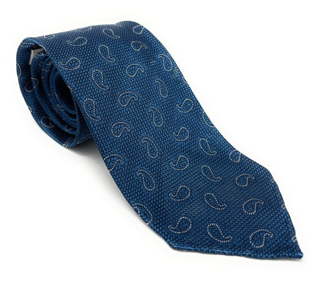 Grenadine Garza Unlined Luxury Hand-Rolled Acqua Blue Paisley Tie - Wilmok