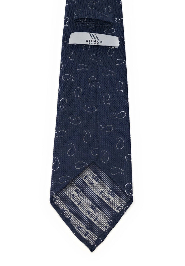 Grenadine Untipped Luxury Hand-Rolled Navy Blue Paisley Tie - Wilmok
