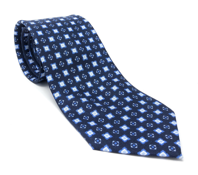 Italian Printed Navy Blue Cube Mix Silk Tie - Wilmok