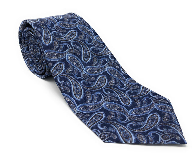 Italian Printed Navy Blue Vintage Paisley Silk Tie - Wilmok