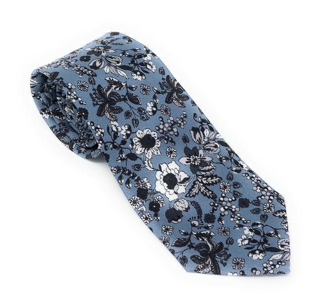 Italian Printed Sky Blue Floral Silk Tie - Wilmok