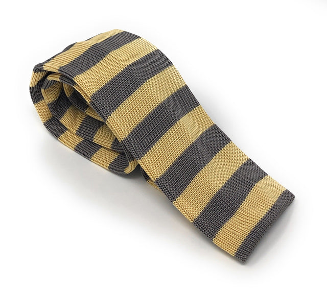 Knitted Handmade Italian Silk Yellow-Grey Striped Tie - Wilmok