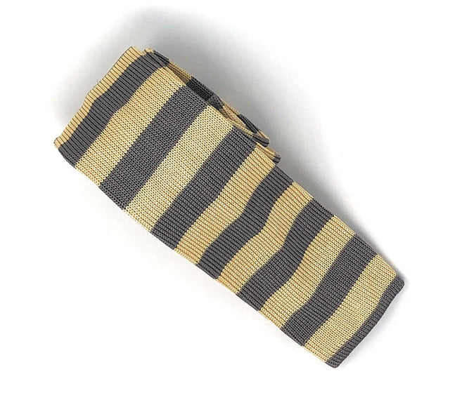 Knitted Handmade Italian Silk Yellow-Grey Striped Tie - Wilmok