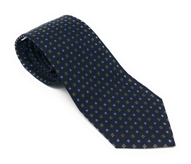 Printed Tile Pattern Navy Blue Silk Tie - Wilmok