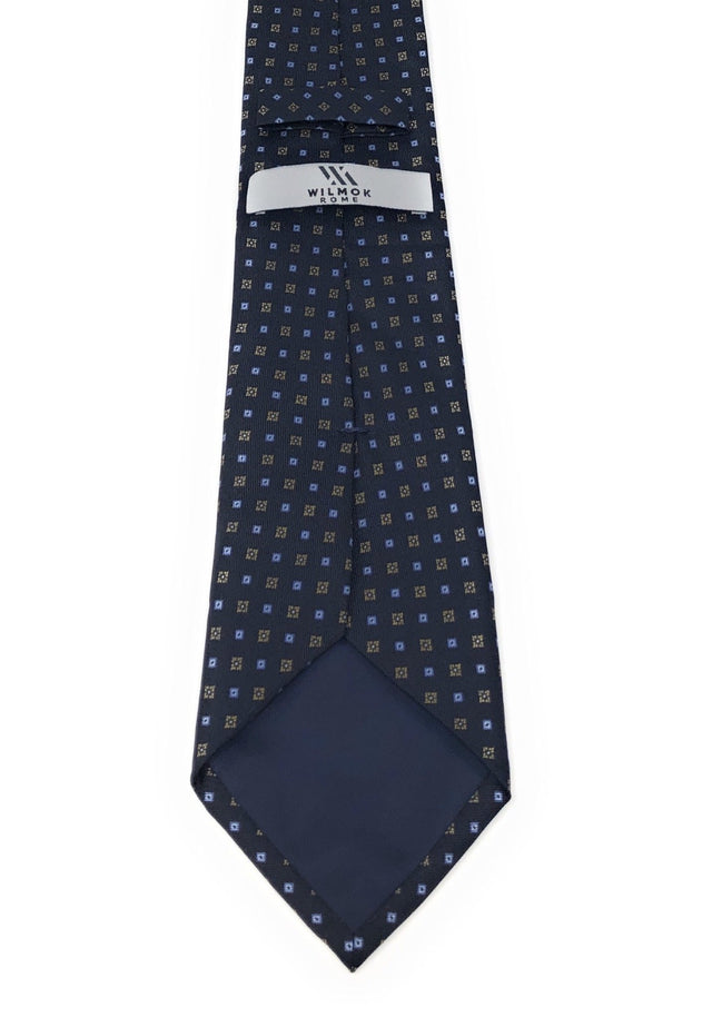 Printed Tile Pattern Navy Blue Silk Tie - Wilmok